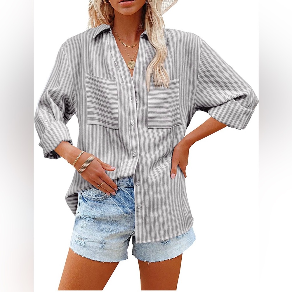 Women's Striped Button Down Shirts Casual Loose Long Sleeve Blouse Tops